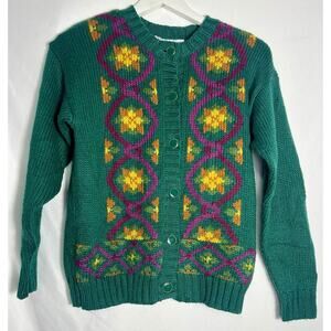 Vintage Russ Cardigan Sweater Petite Small Green floral Granny Cottagecore
